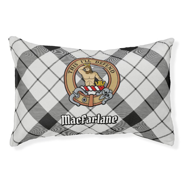 Clan MacFarlane Crest over Black and White Tartan Pet Bed (Front)