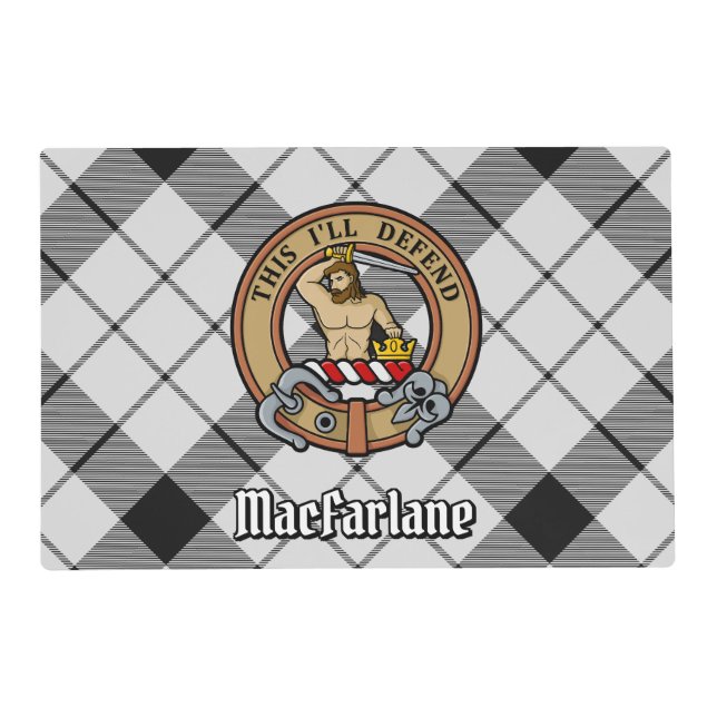 Clan MacFarlane Crest over Black and White Tartan Placemat (Front)