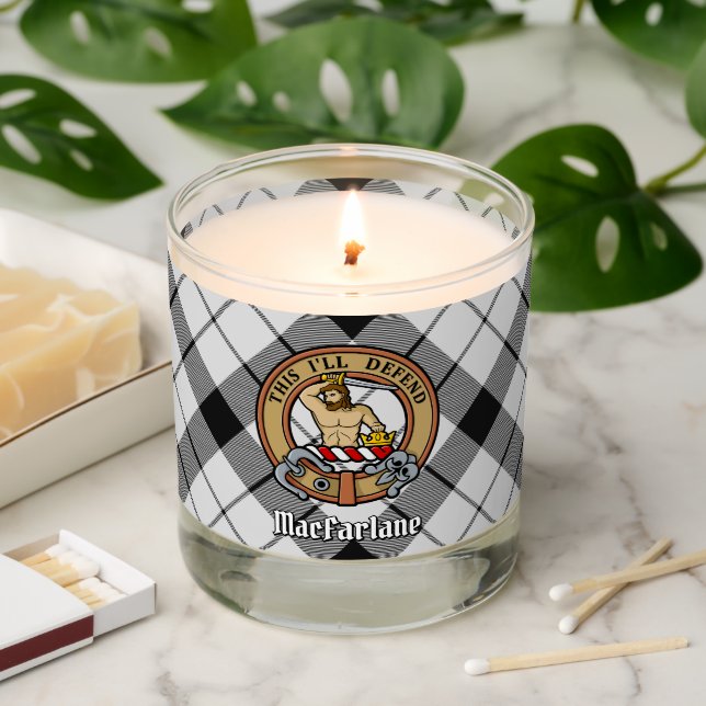 Clan MacFarlane Crest over Black and White Tartan Scented Candle (Lit)