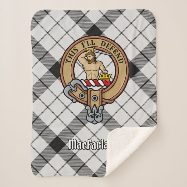 Clan MacFarlane Crest over Black and White Tartan Sherpa Blanket (Front)
