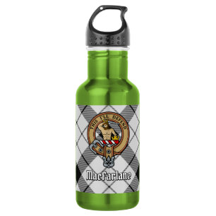 Clan MacFarlane Crest over Black and White Tartan Stainless Steel Water Bottle
