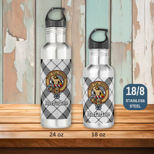 Clan MacFarlane Crest over Black and White Tartan Stainless Steel Water Bottle