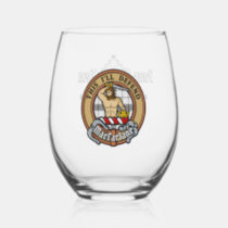 Clan MacFarlane Crest over Black and White Tartan Stemless Wine Glass