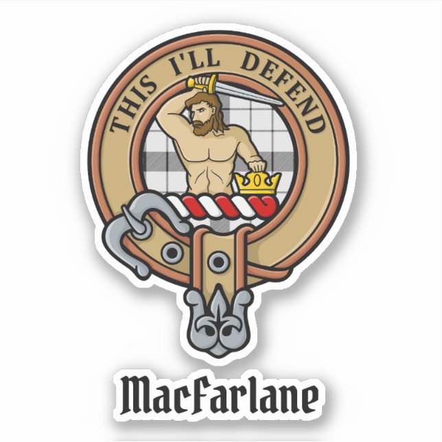 Clan MacFarlane Crest over Black and White Tartan Sticker (Front)