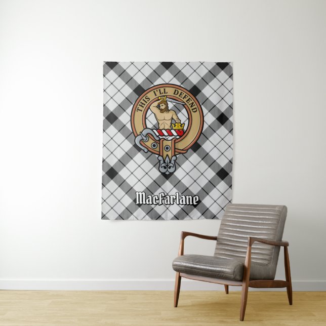 Clan MacFarlane Crest over Black and White Tartan Tapestry (In Situ)
