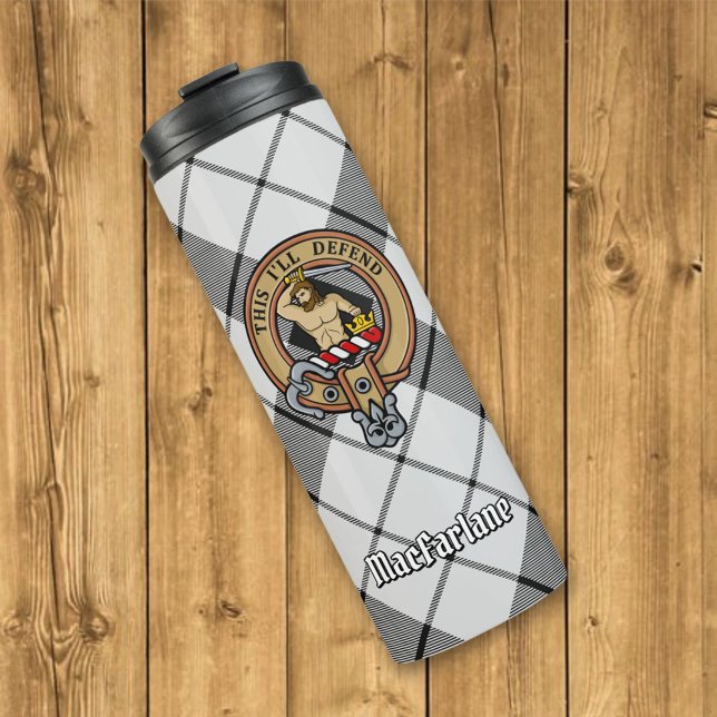 Clan MacFarlane Crest over Black and White Tartan Thermal Tumbler (Creator Uploaded)