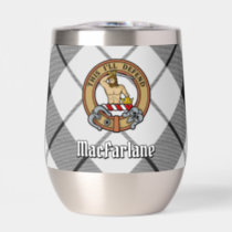 Clan MacFarlane Crest over Black and White Tartan Thermal Wine Tumbler