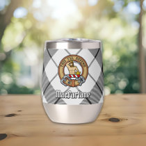 Clan MacFarlane Crest over Black and White Tartan Thermal Wine Tumbler