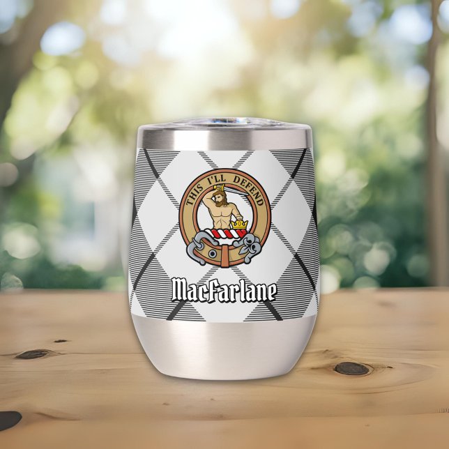 Clan MacFarlane Crest over Black and White Tartan Thermal Wine Tumbler (Creator Uploaded)