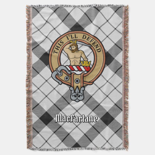 Clan MacFarlane Crest over Black and White Tartan Throw Blanket (Front Vertical)