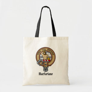 Clan MacFarlane Crest over Black and White Tartan Tote Bag