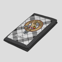 Clan MacFarlane Crest over Black and White Tartan Trifold Wallet