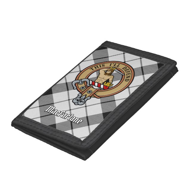 Clan MacFarlane Crest over Black and White Tartan Trifold Wallet (Bottom)