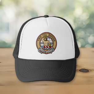 Clan MacFarlane Crest over Black and White Tartan Trucker Hat