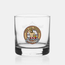 Clan MacFarlane Crest over Black and White Tartan Whiskey Glass