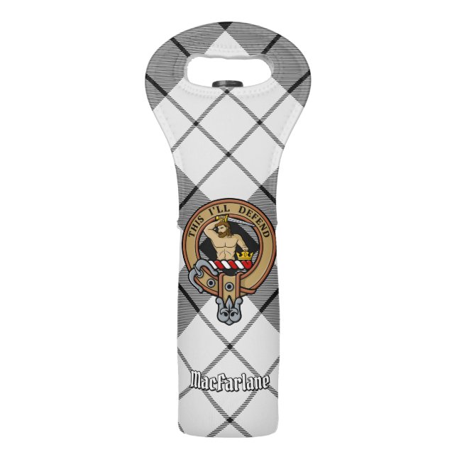 Clan MacFarlane Crest over Black and White Tartan Wine Bag (Front)
