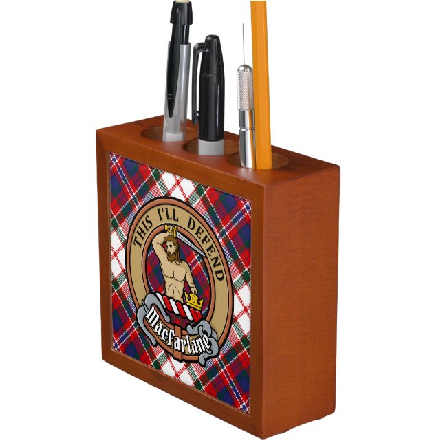 Clan MacFarlane Crest over Dress Tartan Desk Organizer (In Situ)