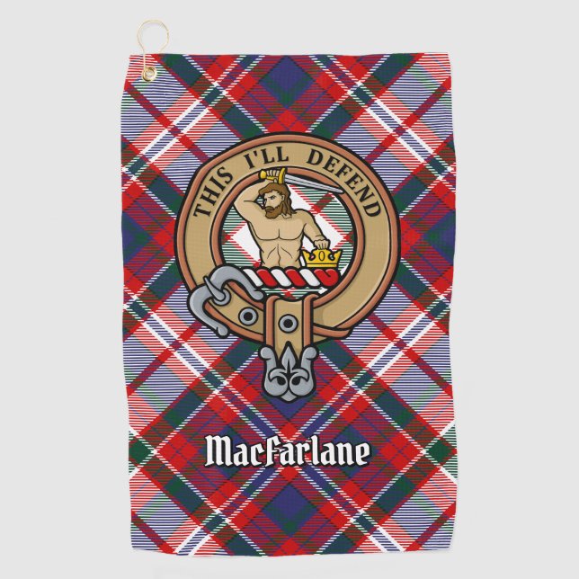 Clan MacFarlane Crest over Dress Tartan Golf Towel (Front)