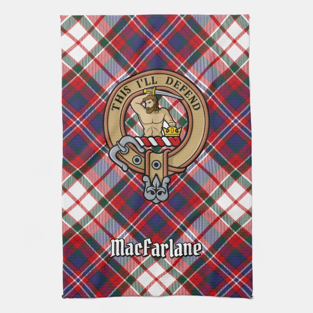 Clan MacFarlane Crest over Dress Tartan Kitchen Towel (Vertical)