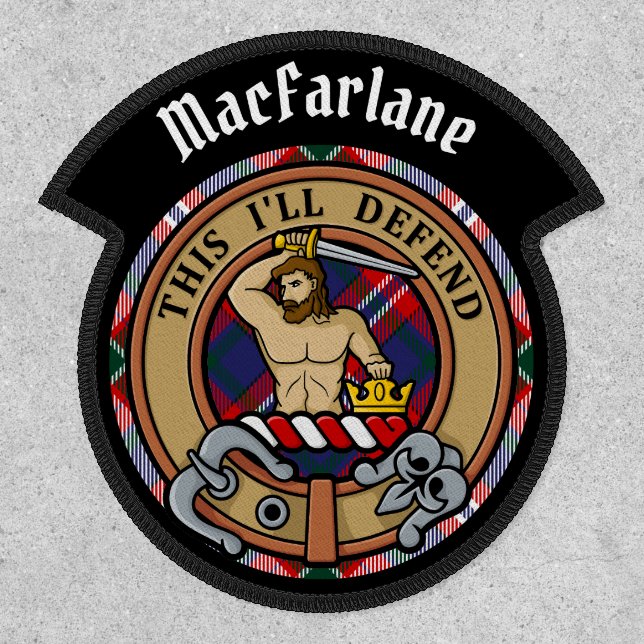 Clan MacFarlane Crest over Dress Tartan Patch (Front)