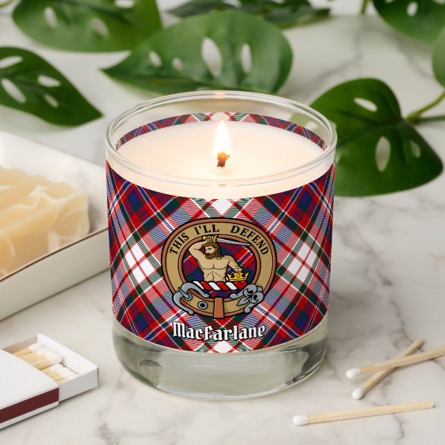 Clan MacFarlane Crest over Dress Tartan Scented Candle (Lit)