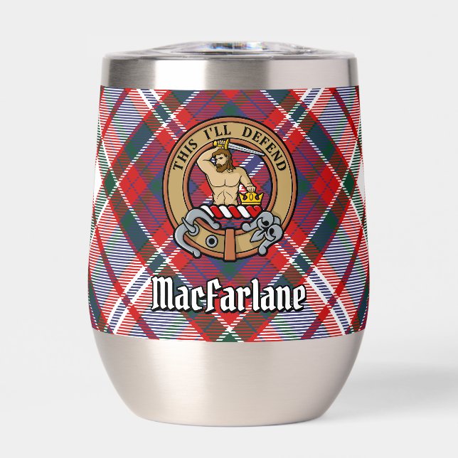 Clan MacFarlane Crest over Dress Tartan Thermal Wine Tumbler (Front)