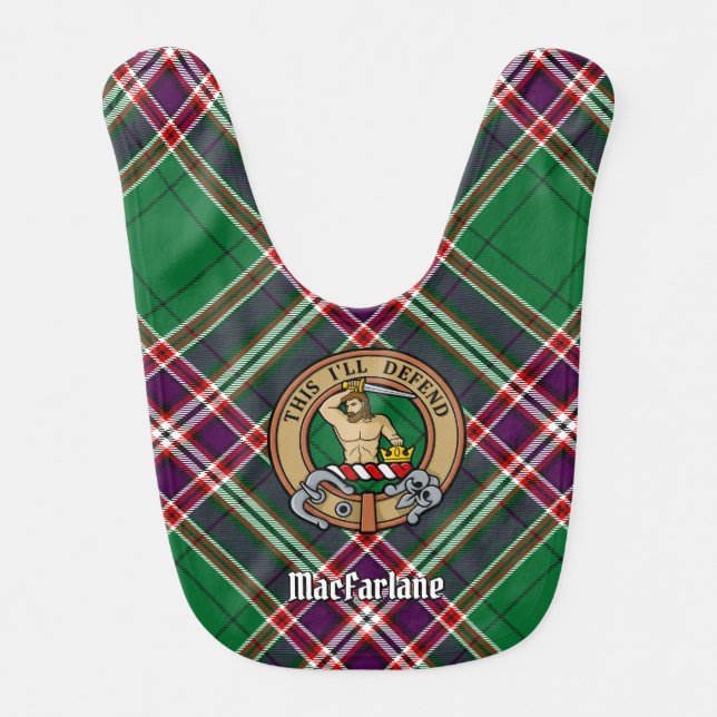 Clan MacFarlane Crest over Modern Hunting Tartan Baby Bib (Front)