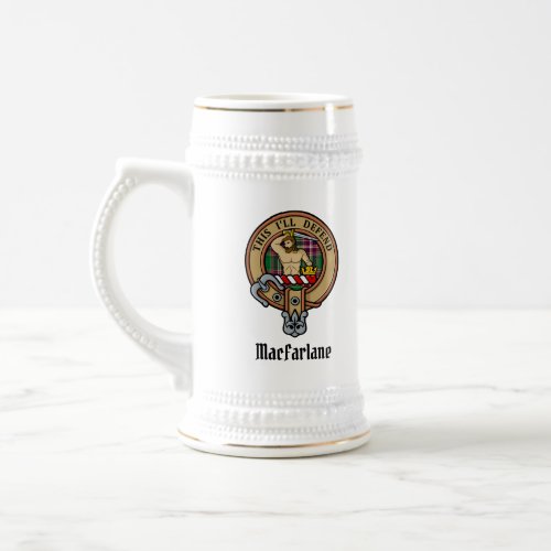 Clan MacFarlane Crest over Modern Hunting Tartan Beer Stein
