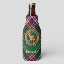 Clan MacFarlane Crest over Modern Hunting Tartan Bottle Cooler