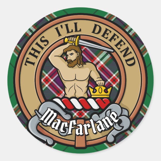 Clan MacFarlane Crest over Modern Hunting Tartan Classic Round Sticker (Front)