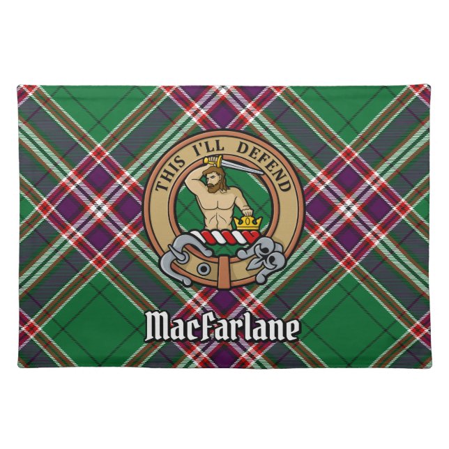 Clan MacFarlane Crest over Modern Hunting Tartan Cloth Placemat (Front)