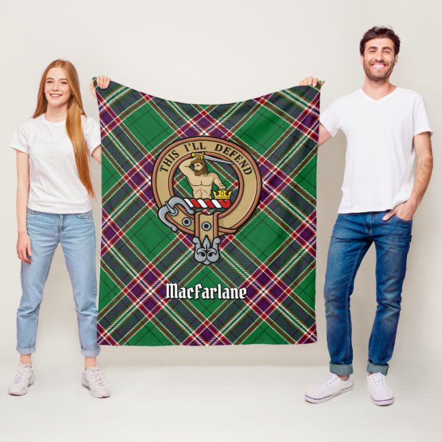 Clan MacFarlane Crest over Modern Hunting Tartan Fleece Blanket (In Situ)