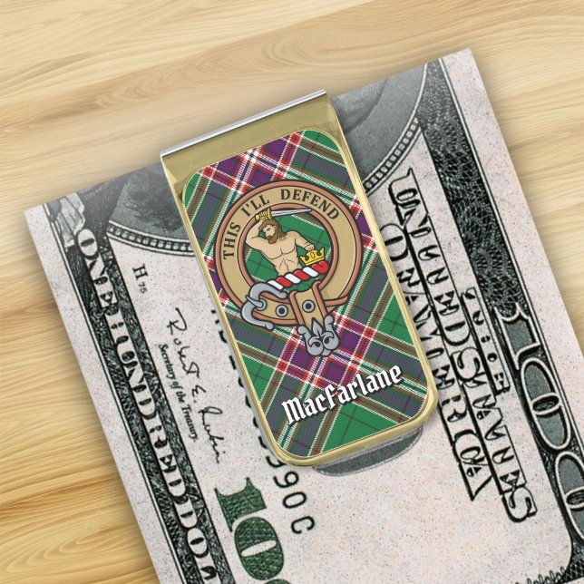 Clan MacFarlane Crest over Modern Hunting Tartan Gold Finish Money Clip (Creator Uploaded)