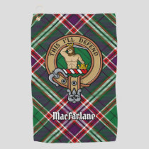 Clan MacFarlane Crest over Modern Hunting Tartan Golf Towel