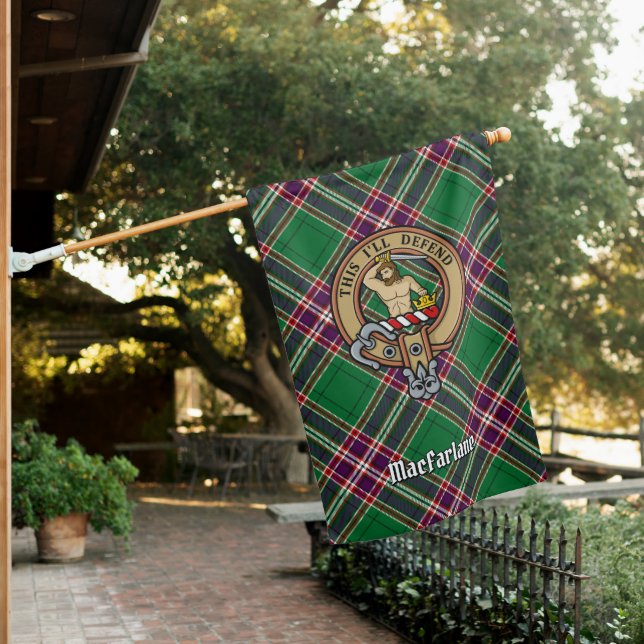 Clan MacFarlane Crest over Modern Hunting Tartan House Flag (In SItu)