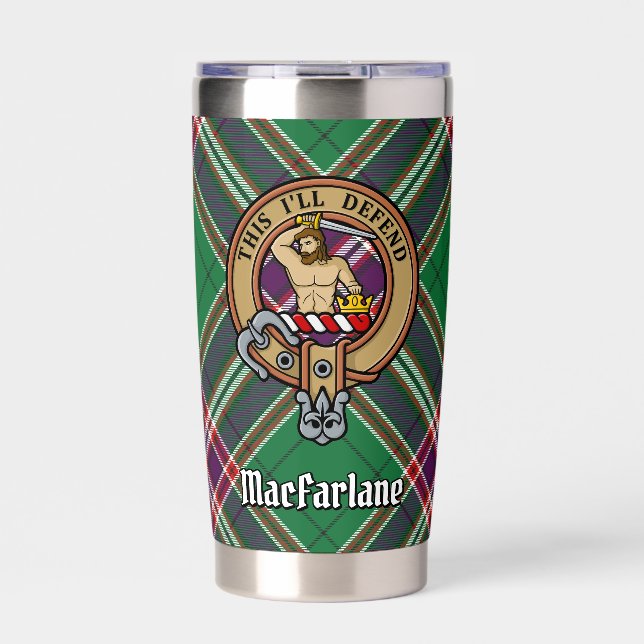 Clan MacFarlane Crest over Modern Hunting Tartan Insulated Tumbler (Front)