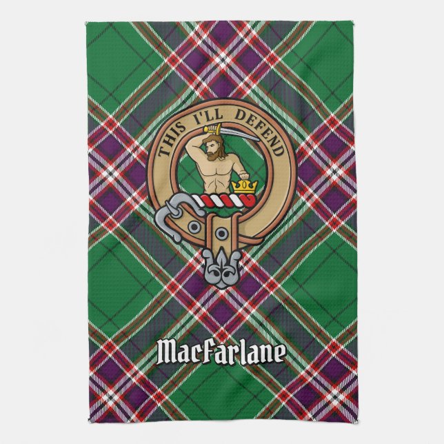 Clan MacFarlane Crest over Modern Hunting Tartan Kitchen Towel (Vertical)