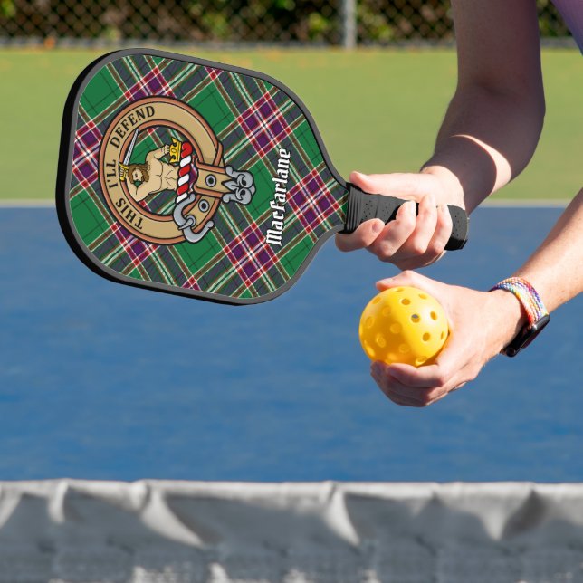 Clan MacFarlane Crest over Modern Hunting Tartan Pickleball Paddle (Insitu)