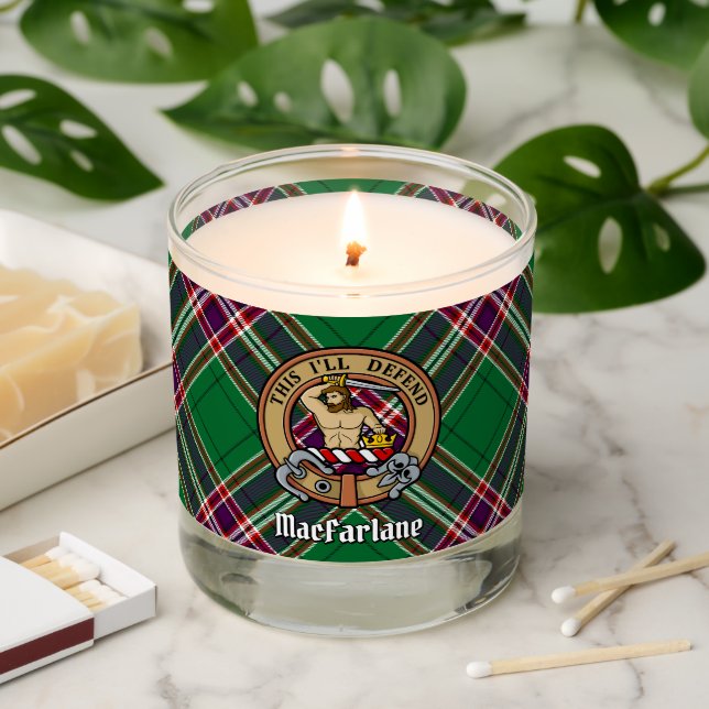 Clan MacFarlane Crest over Modern Hunting Tartan Scented Candle (Lit)