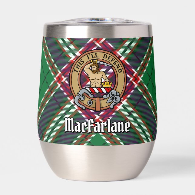 Clan MacFarlane Crest over Modern Hunting Tartan Thermal Wine Tumbler (Front)