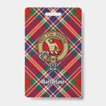 Clan MacFarlane Crest over Red Tartan Badge