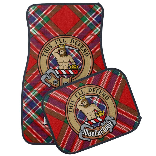 Clan MacFarlane Crest over Red Tartan Car Floor Mat (Set)