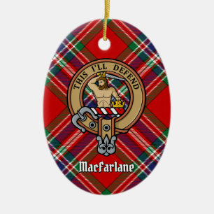 Clan MacFarlane Crest over Red Tartan Ceramic Ornament