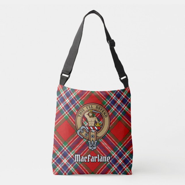 Clan MacFarlane Crest over Red Tartan Crossbody Bag (Front)