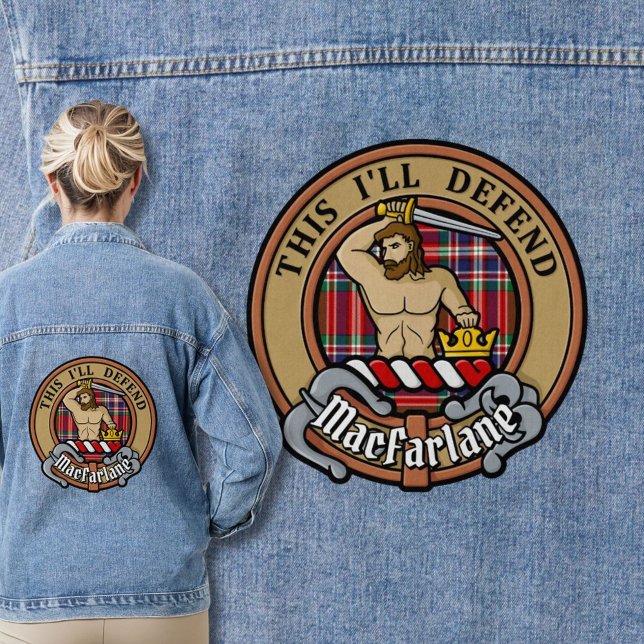 Clan MacFarlane Crest over Red Tartan Denim Jacket (Creator Uploaded)