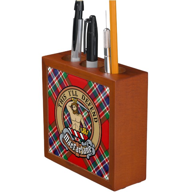 Clan MacFarlane Crest over Red Tartan Desk Organizer (In Situ)