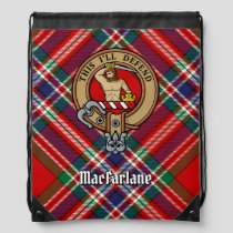 Clan MacFarlane Crest over Red Tartan Drawstring Bag