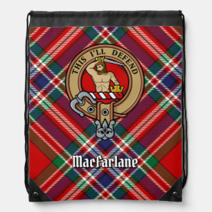 Clan MacFarlane Crest over Red Tartan Drawstring Bag