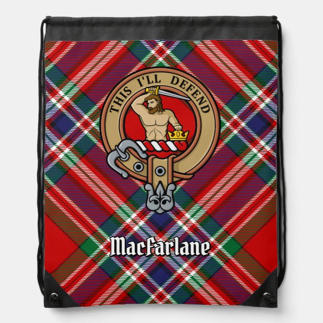 Clan MacFarlane Crest over Red Tartan Drawstring Bag (Front)