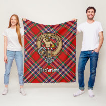 Clan MacFarlane Crest over Red Tartan Fleece Blanket